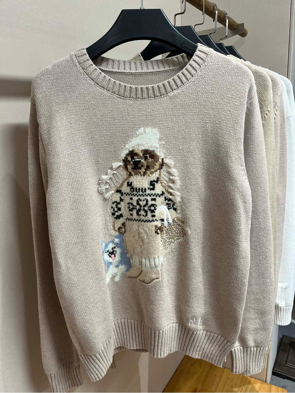 Polo by Ralph Lauren Beige Crewneck Sweater with Canine Intarsia